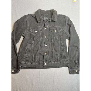 Triot Jacket Womens Large Black Denim Jacket Button Front W/Pockets Sherpa Neck